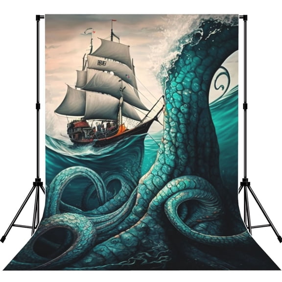 Cool Octopus Monster Sail Boat Waves Photography Backdrop 5x7Ft Background for Photo Studio Video Recording Birthday Party Wedding Home Decor