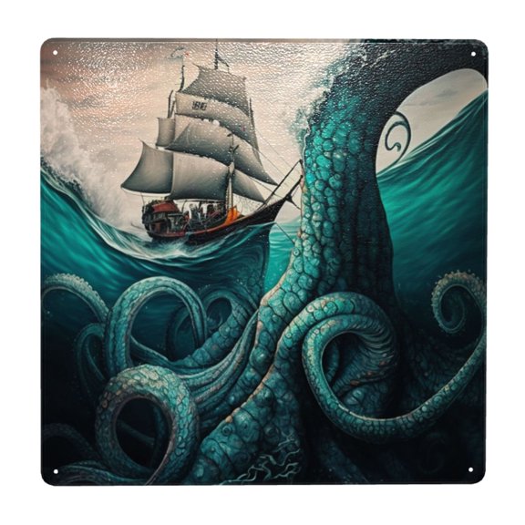 Cool Octopus Monster Sail Boat Waves Square Metal Sign 12x12 Inch Tin Sign Wall Decor Decorative Plaque for Bar, Cafe, Restaurant