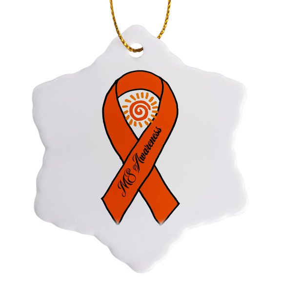 3drose, Cool Orange Ribbon and Sun Multiple Sclerosis Ms Support and Awareness, 3 inch Snowflake Porcelain Ornament