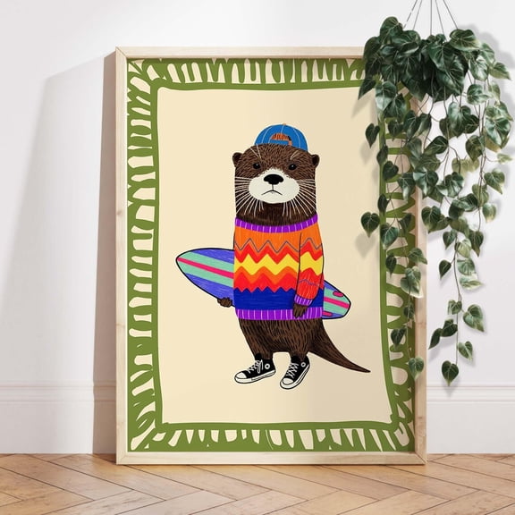 Cool Otter Surfboard Nursery Hipster Beach Wall Decor, Unframed Paper Poster 8x10in