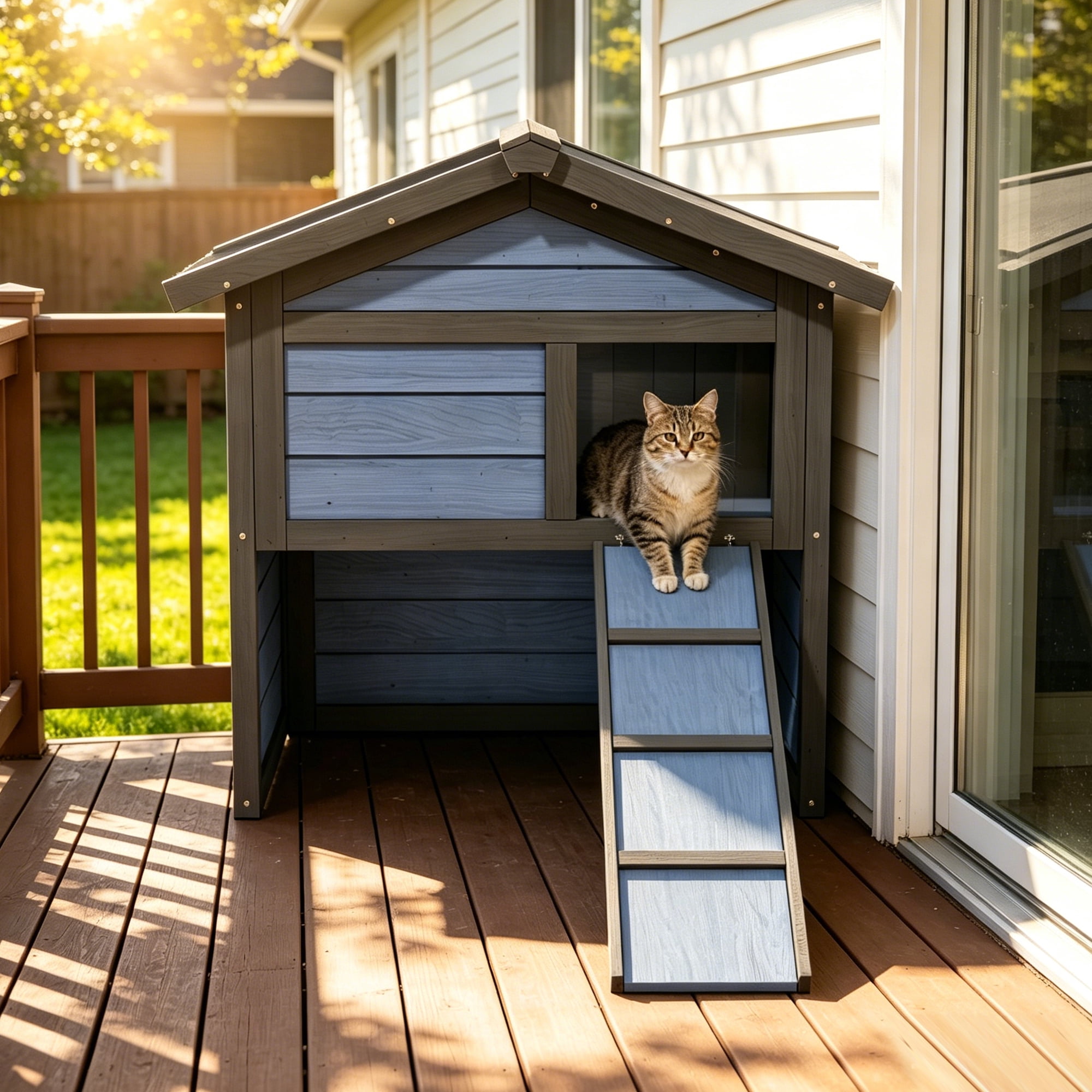 Cool Outdoor Cat House for Summer, Double-Layer Insulated Cat Shelter with Escape Window & Extended Ramp, Blue