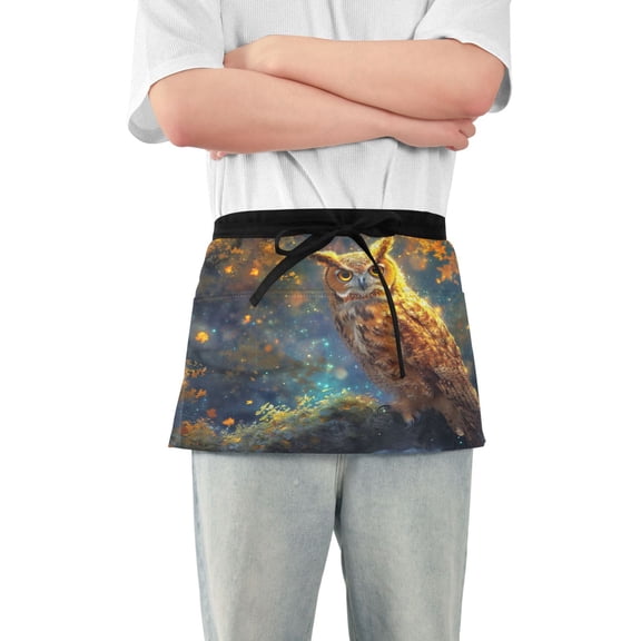 Cool Owl in Forest Server Apron with 3 Pockets Waterproof Waitress Waist Short Apron for Man Woman 12 Inches