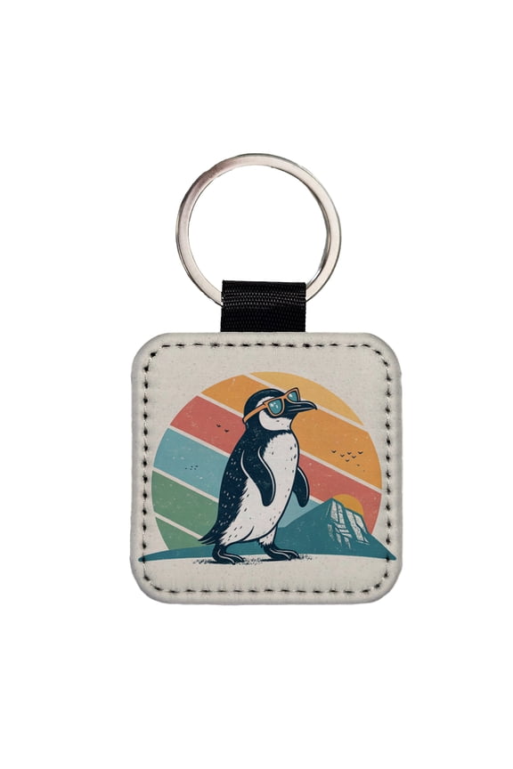 Cool Penguin Wearing Sunglasses Retro Illustration Faux Leather Square Keychain