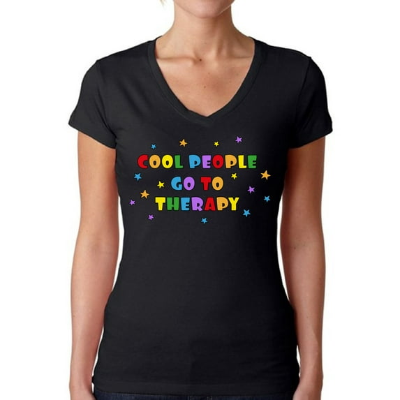 Cool People go to Therapy T Shirt for Women Graphic Novelty V-Neck Tee Mental Health Awareness Gifts for Her