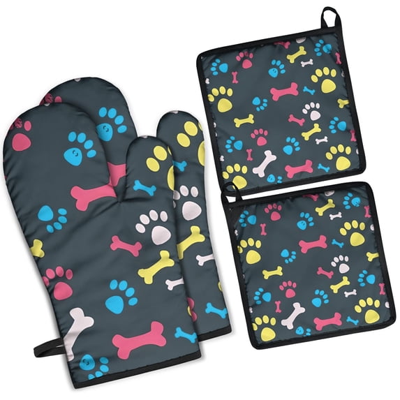 Cool Pet Background Dog Paw Kitchen Oven Mitt and Pot Holder Sets 4 Pcs for Baking, Cooking and Grilling, Heat Resistant Up To 392 °F