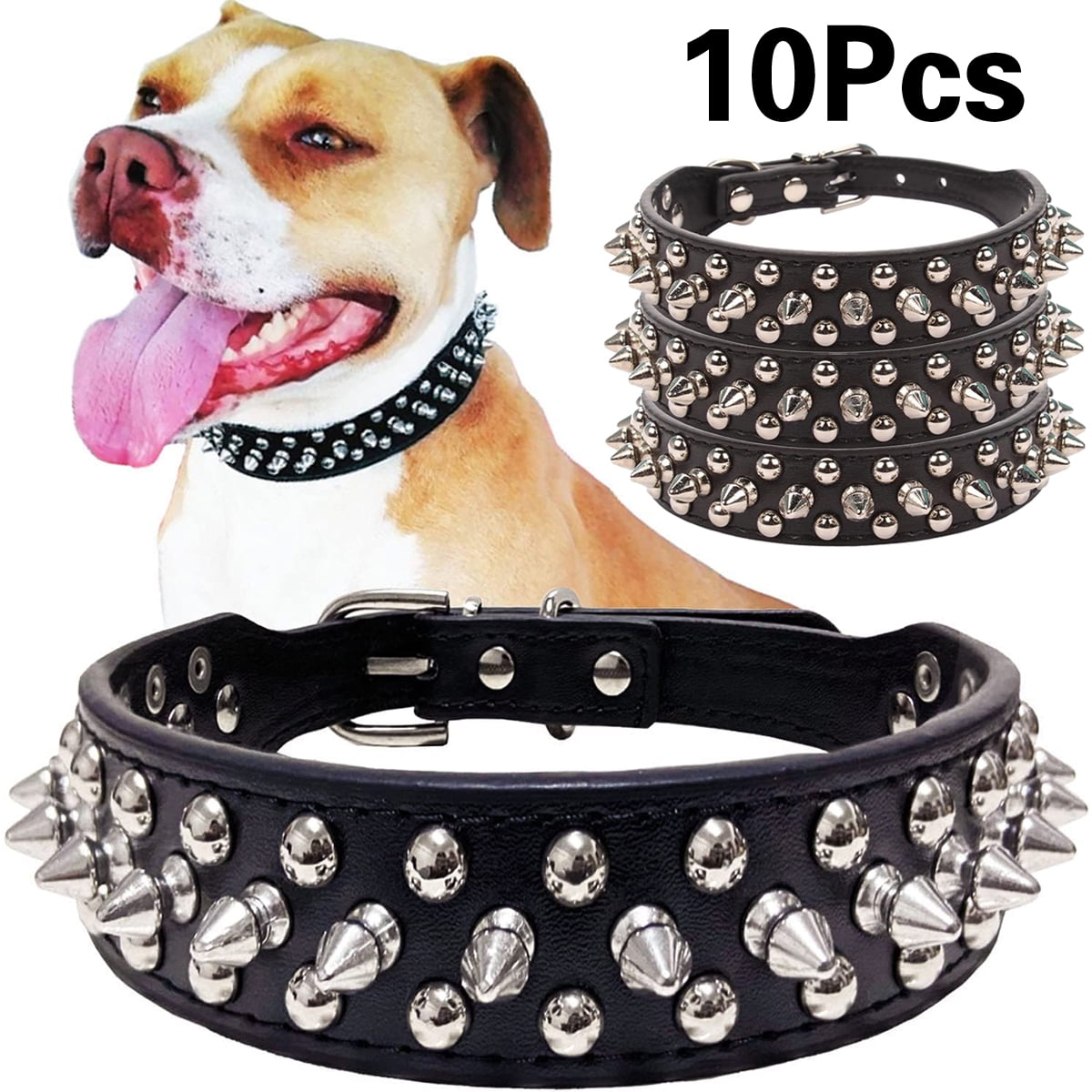 Cool Pet Collars,10 Pcs Soft Faux Leather Spiked Dog Collar with Rivets and Studs Puppy Collars Adjustable for Small Medium Large Dogs for Pet Big