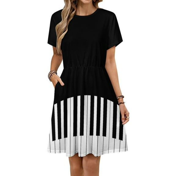 Cool Piano Keyboard Short Sleeve Dress Women Summer Evening Dresses Ladies Sundress