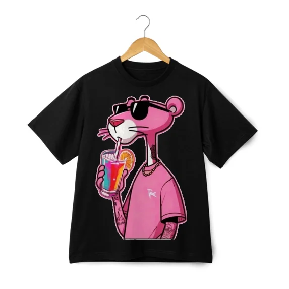 Cool Pink Feline Cartoon Graphic Streetwear Cool Retro Style Unisex T-Shirt ,up to size 5XL