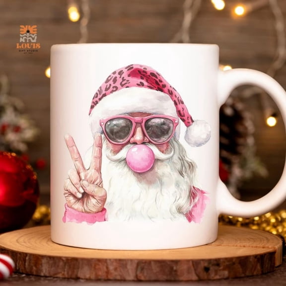 Cool Pink Santa Cistmas Mug, Bubble Gum Santa Cup, Leopard Hat Xmas Mug, Aesthetic day Coffee Cup, Cute Cistmas Gift.