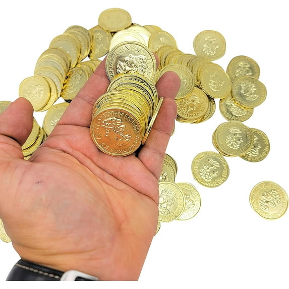 Cool Pirate Gold Coins (144 Pieces) Treasure Coins for Kids. 3D Design. Antique Look. Plastic. Large - 1 3/8" Great Party Favor for Kids