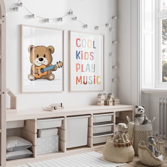Cool Play Music Print Playroom Wall Decor Homeschool School Music Corner Art Set 2 Stretched Canvas 12x18