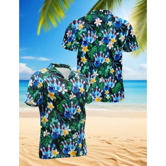 Cool Plumeria Bowling Hawaiian Shirt for Men, Bowling Ball Sport Bowler Button Down Summer Beach Short Sleeve, S-5XL