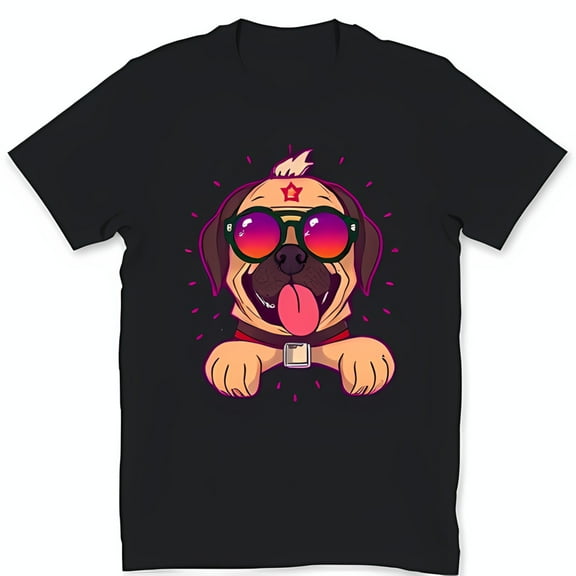 Cool Pug with Sunglasses & Star Cartoon Black T-Shirt Fun Graphic Tee