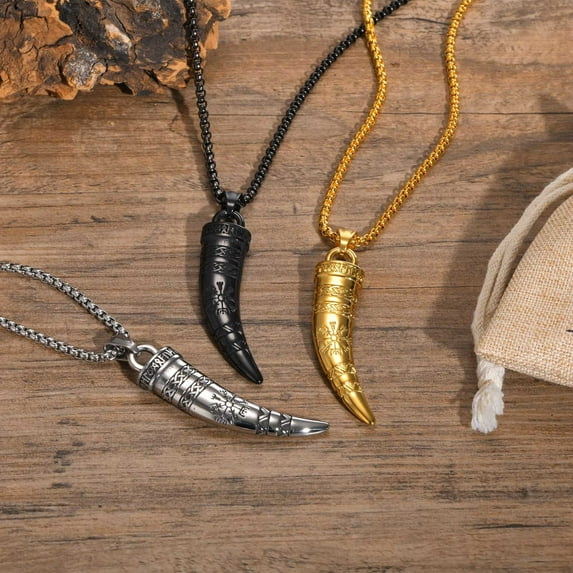 Cool Punk Viking Horn Necklaces for Men, Waterproof 14K White Gold Norse Celtic Knots Compass Pendant Collar, Amulet Gifts