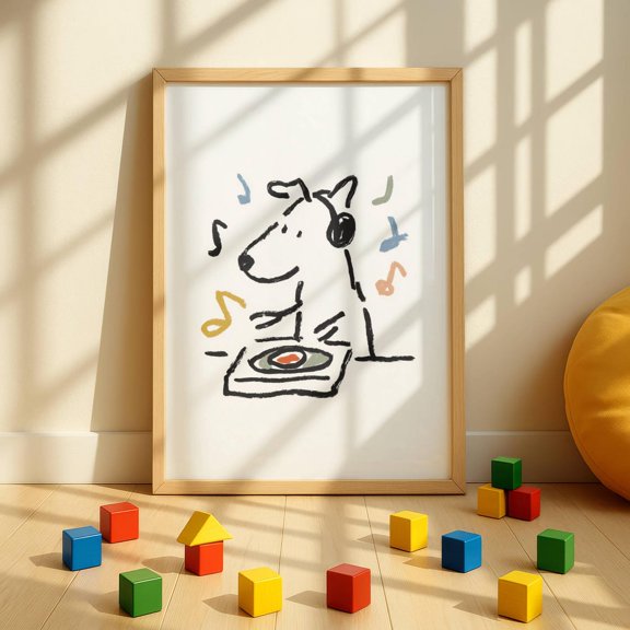 Cool Puppy Dj Wall Art Whimsical Nursery Playful Animal Decor Eclectic Toddler Room Print Bright Bold Colors, Unframed Poster