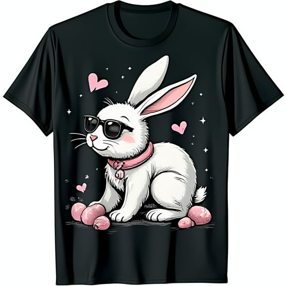 Cool Rabbit T-Shirt Black Tee with Sunglasses Pink Collar & Colorful Hearts & Stars Design