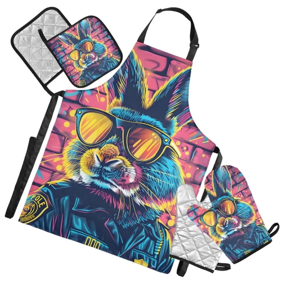 Cool Rabbit and Sunglasses 5 Pcs Kitchen Set Heat Resistant Oven Mitts and Non-Slip Pot Holders with Adjustable Cooking Apron