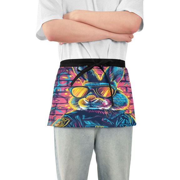 Cool Rabbit and Sunglasses Server Apron with 3 Pockets Waterproof Waitress Waist Short Apron for Man Woman 12 Inches