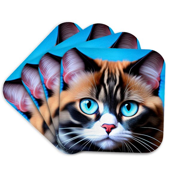 3drose, Cool Ragdoll Cat Face, Blue Eyes. Family Friendly Digital Art Gift, Set of 4 Coasters - Soft