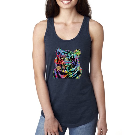 Cool Rainbow Neon Trippy Jungle Tiger Eyes Animal Lover Ladies Racerback Tank Top, Navy, Small