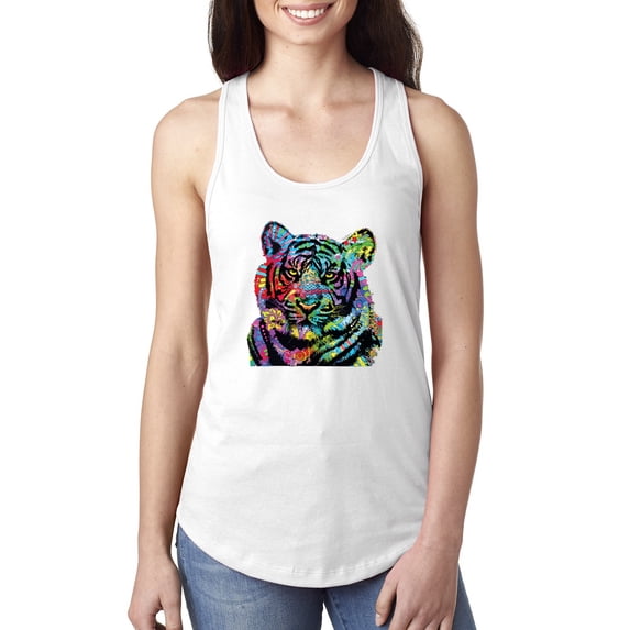 Cool Rainbow Neon Trippy Jungle Tiger Eyes Animal Lover Ladies Racerback Tank Top, White, Small