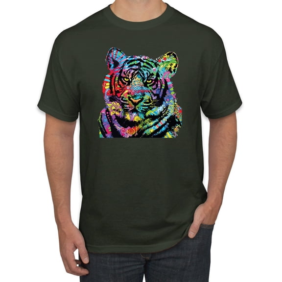 Cool Rainbow Neon Trippy Jungle Tiger Eyes Animal Lover Men's Graphic T-Shirt, Forest Green, 4XL