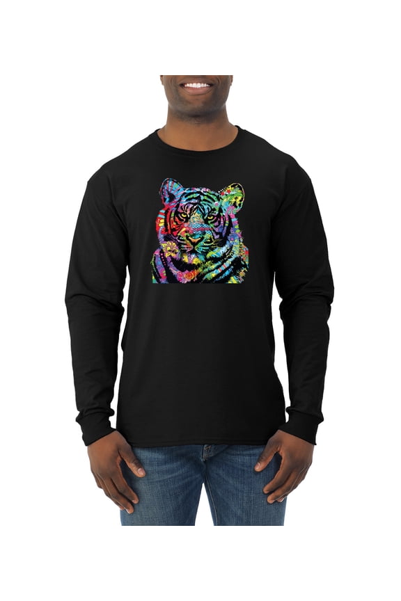 Cool Rainbow Neon Trippy Jungle Tiger Eyes Animal Lover Mens Long Sleeve Shirt, Black, 2XL