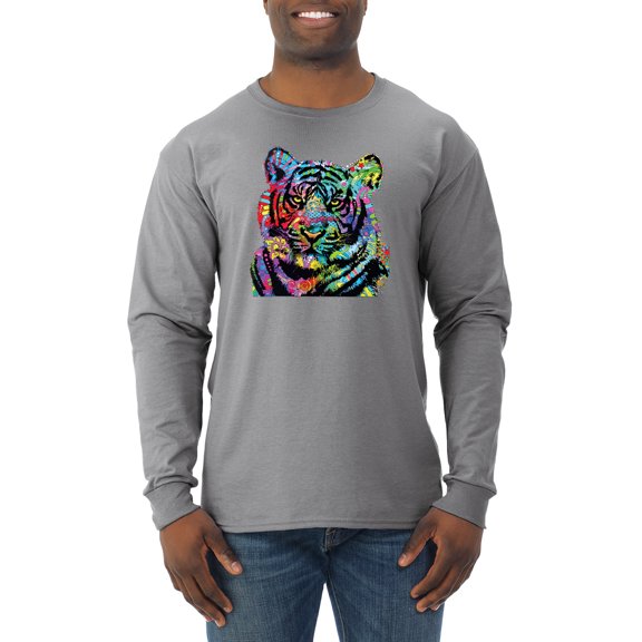 Cool Rainbow Neon Trippy Jungle Tiger Eyes Animal Lover Mens Long Sleeve Shirt, Heather Grey, X-Large