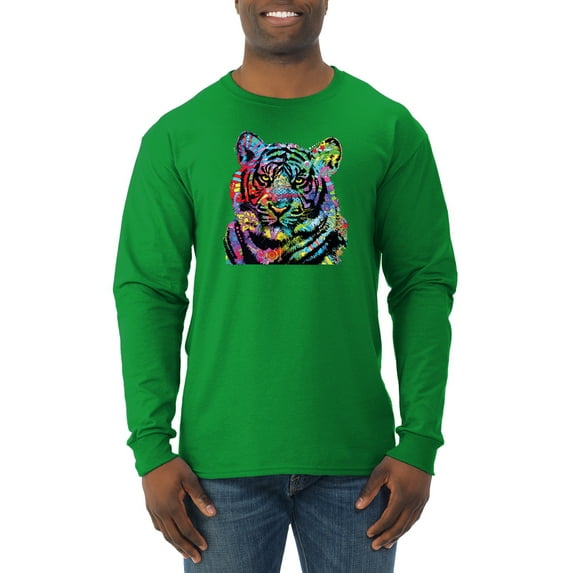Cool Rainbow Neon Trippy Jungle Tiger Eyes Animal Lover Mens Long Sleeve Shirt, Kelly, Medium