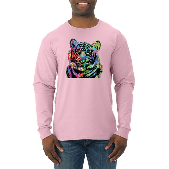 Cool Rainbow Neon Trippy Jungle Tiger Eyes Animal Lover Mens Long Sleeve Shirt, Light Pink, Small