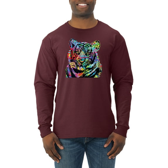 Cool Rainbow Neon Trippy Jungle Tiger Eyes Animal Lover Mens Long Sleeve Shirt, Maroon, Medium