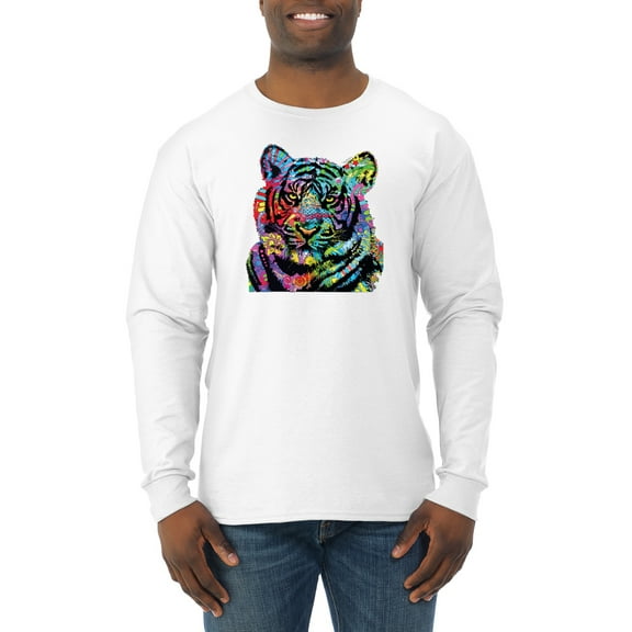 Cool Rainbow Neon Trippy Jungle Tiger Eyes Animal Lover Mens Long Sleeve Shirt, White, Large