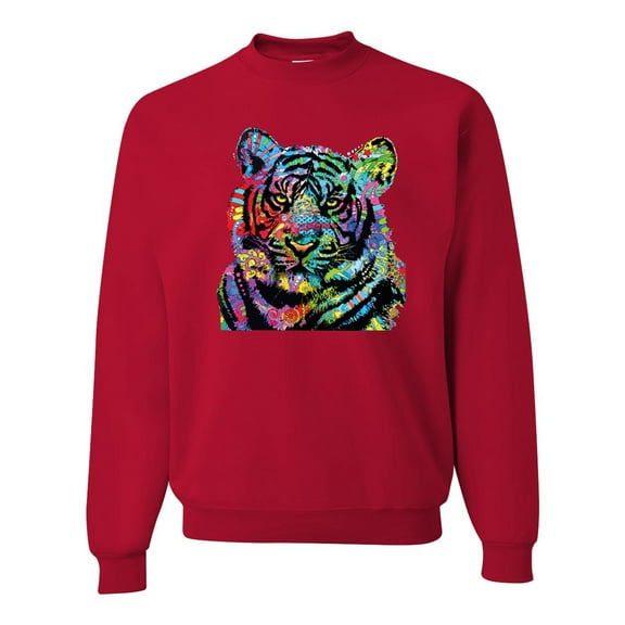 Cool Rainbow Neon Trippy Jungle Tiger Eyes Animal Lover Unisex Crewneck Graphic Sweatshirt, Red, Medium