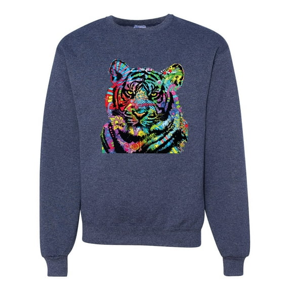 Cool Rainbow Neon Trippy Jungle Tiger Eyes Animal Lover Unisex Crewneck Graphic Sweatshirt, Vintage Heather Navy, X-Large