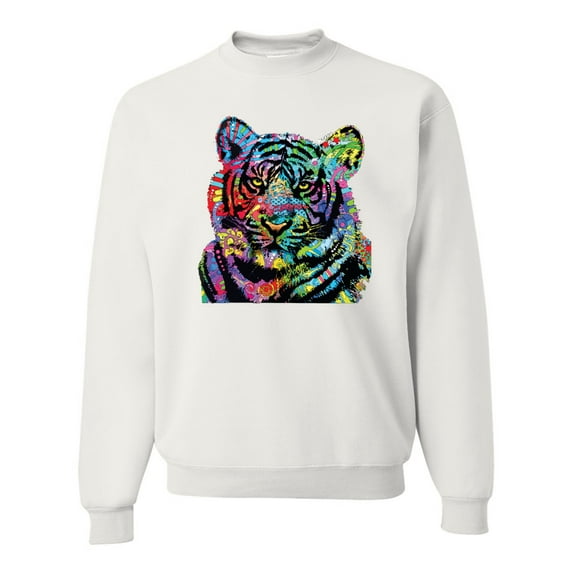 Cool Rainbow Neon Trippy Jungle Tiger Eyes Animal Lover Unisex Crewneck Graphic Sweatshirt, White, 3XL