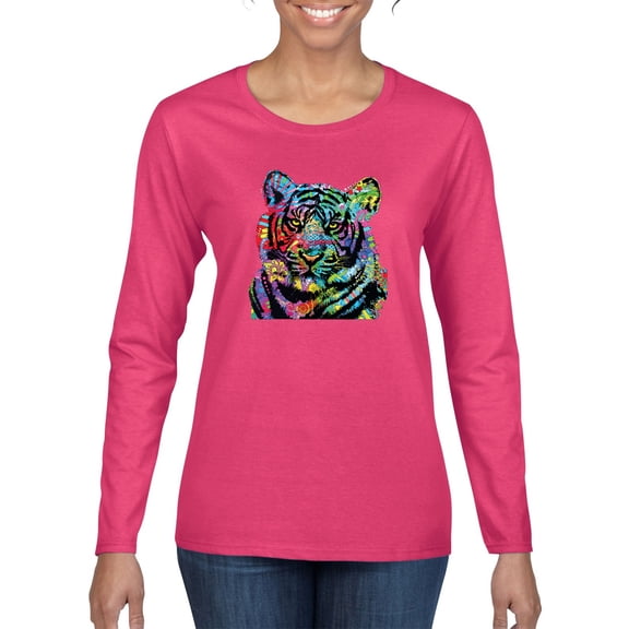 Cool Rainbow Neon Trippy Jungle Tiger Eyes Animal Lover Womens Graphic Long Sleeve T-Shirt, Fuschia, Large