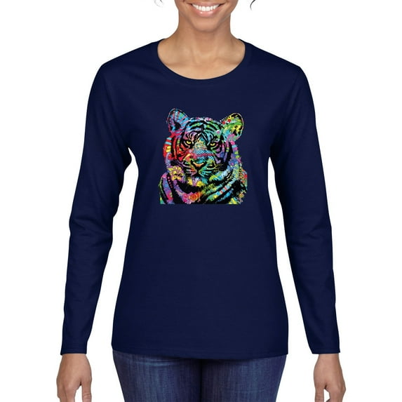 Cool Rainbow Neon Trippy Jungle Tiger Eyes Animal Lover Womens Graphic Long Sleeve T-Shirt, Navy, Medium