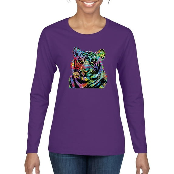 Cool Rainbow Neon Trippy Jungle Tiger Eyes Animal Lover Womens Graphic Long Sleeve T-Shirt, Purple, X-Large