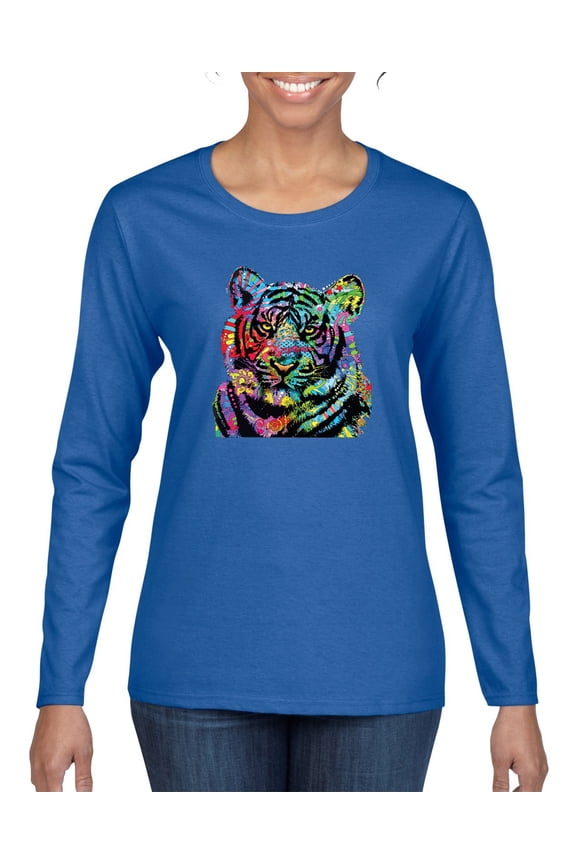 Cool Rainbow Neon Trippy Jungle Tiger Eyes Animal Lover Womens Graphic Long Sleeve T-Shirt, Royal, Small