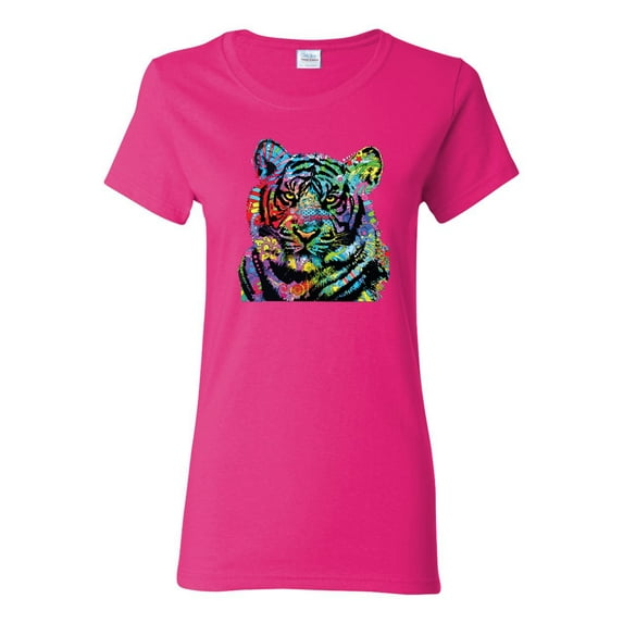 Cool Rainbow Neon Trippy Jungle Tiger Eyes Animal Lover Womens Graphic T-Shirt, Fuschia, Large
