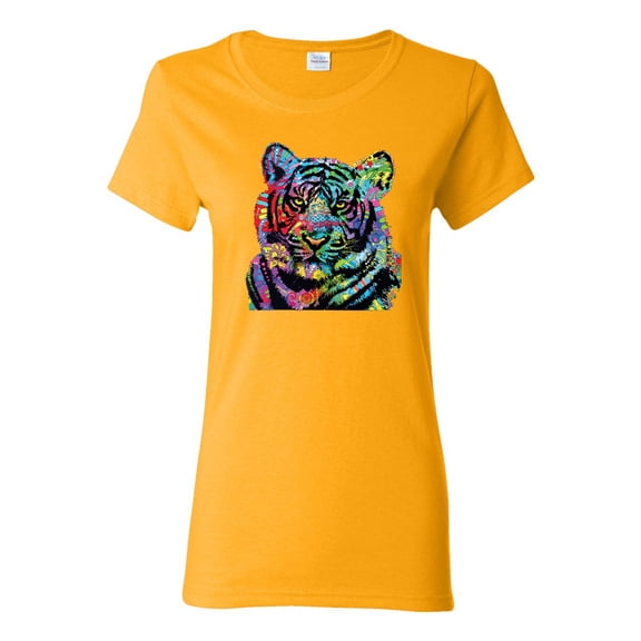 Cool Rainbow Neon Trippy Jungle Tiger Eyes Animal Lover Womens Graphic T-Shirt, Gold, Large