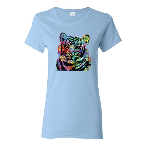 Cool Rainbow Neon Trippy Jungle Tiger Eyes Animal Lover Womens Graphic T-Shirt, Light Blue, 3XL