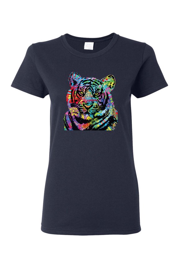Cool Rainbow Neon Trippy Jungle Tiger Eyes Animal Lover Womens Graphic T-Shirt, Navy, 2XL