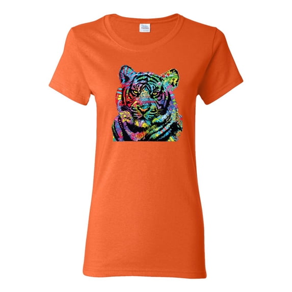 Cool Rainbow Neon Trippy Jungle Tiger Eyes Animal Lover Womens Graphic T-Shirt, Orange, Medium