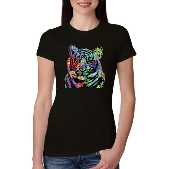 Cool Rainbow Neon Trippy Jungle Tiger Eyes Animal Lover Womens Slim Fit Junior Tee, Black, Medium