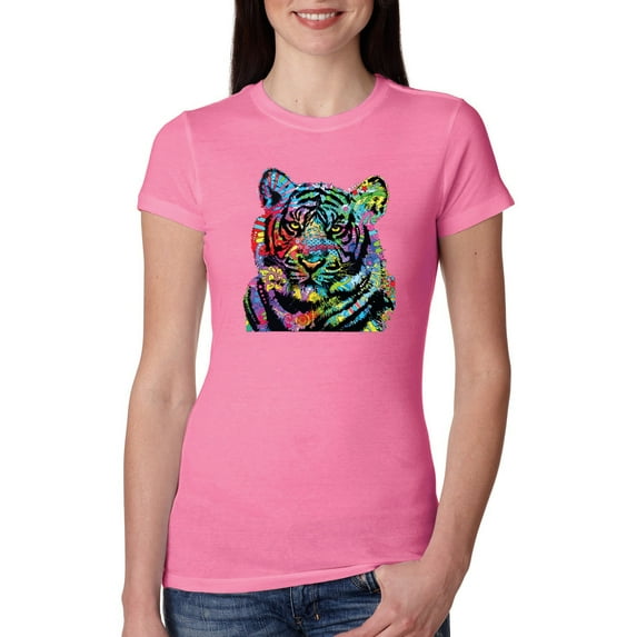 Cool Rainbow Neon Trippy Jungle Tiger Eyes Animal Lover Womens Slim Fit Junior Tee, Hot Pink, X-Large