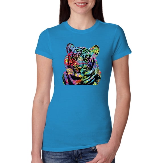 Cool Rainbow Neon Trippy Jungle Tiger Eyes Animal Lover Womens Slim Fit Junior Tee, Turquoise, 2XL