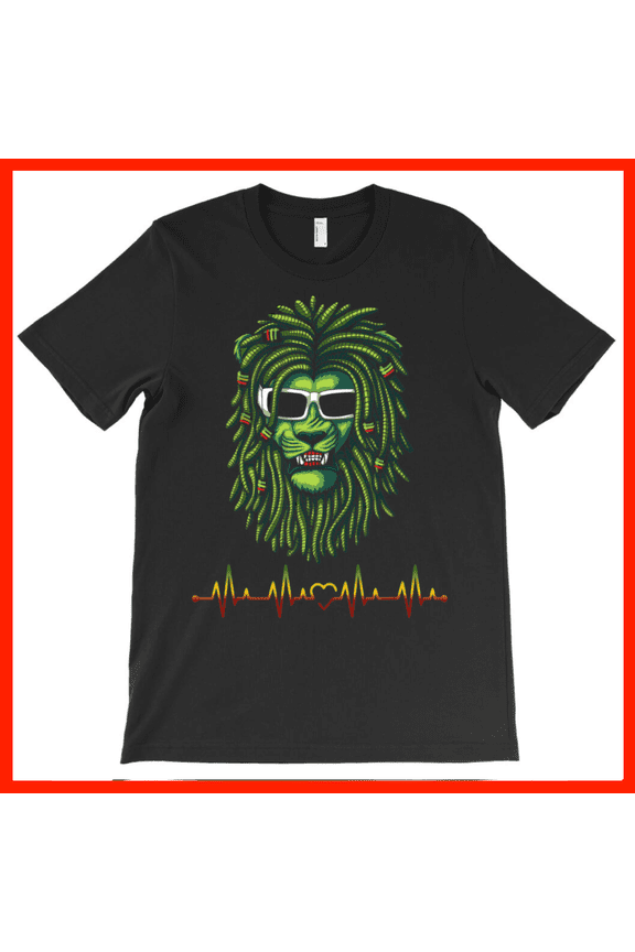 Cool Rasta Lion with Dreadlocks Sunglasses and Heartbeat EKG Tee - Reggae Music Vibes AH2724, Premium for Unisex - Extended Sizes Up to 5XL