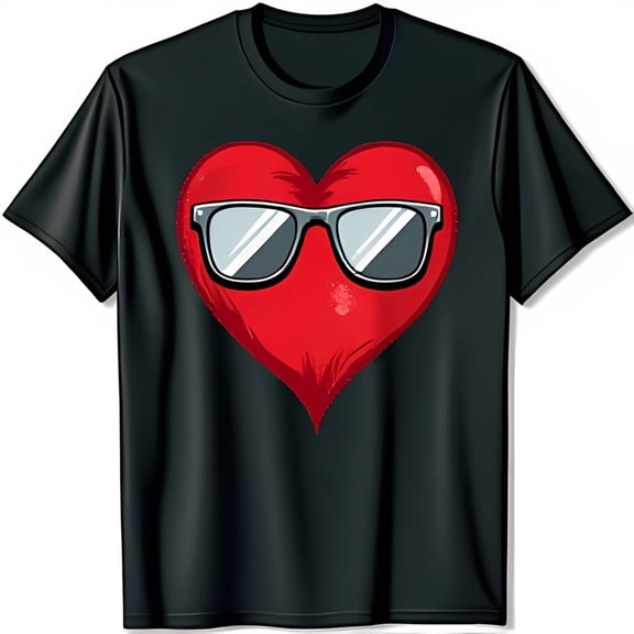 Cool Red Heart with Sunglasses Graphic on Black T-Shirt Trendy & Fun