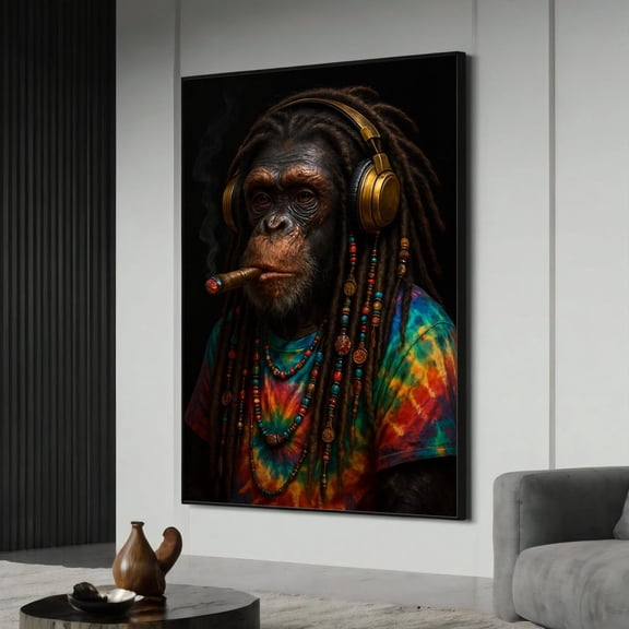 Cool Reggae Vibes With A Twist – Dreadlocked Chimp With Headphones And Cigar Canvas Painting, Ready To Hang, Gift For Him, Unframed Poster Size 16x24